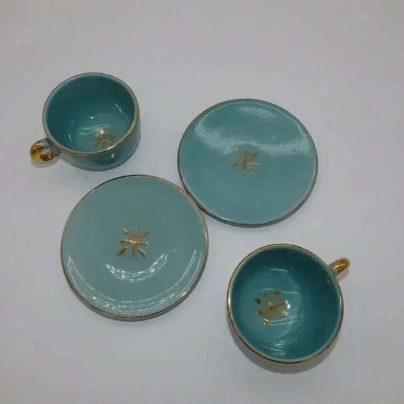 Tea cup and saucer Set of two Turquoise Gold - Picture 3 of 5